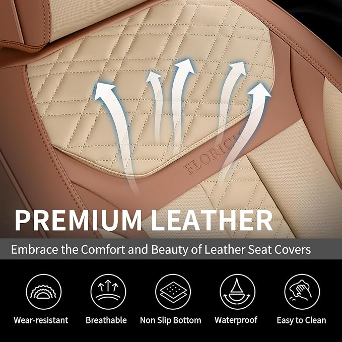 FLORICH Seat Covers, Front Seat Covers 2 PCs, Automotive Seat Cover for Cars, Luxury Leather Universal Seat Cover Accessories Fit for Most Cars SUV Truck Sedans(Beige)