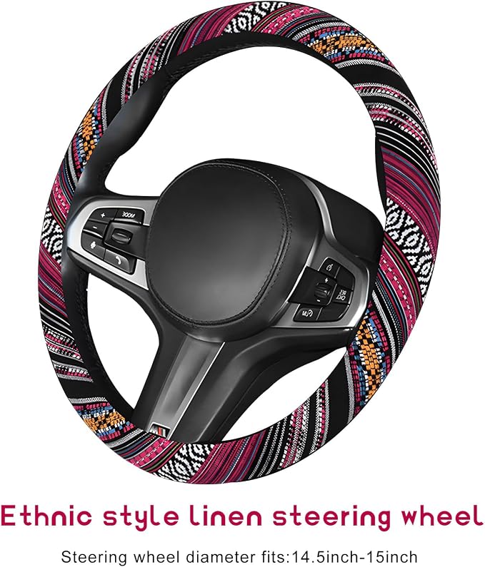Boho Steering Wheel Cover, Anti-Slip Coarse Flax Cloth Ethnic Style Auto Wheel Cover, Breathable Boho Auto Steering Wheel Protector for Women Men, Car Accessories (Style J)