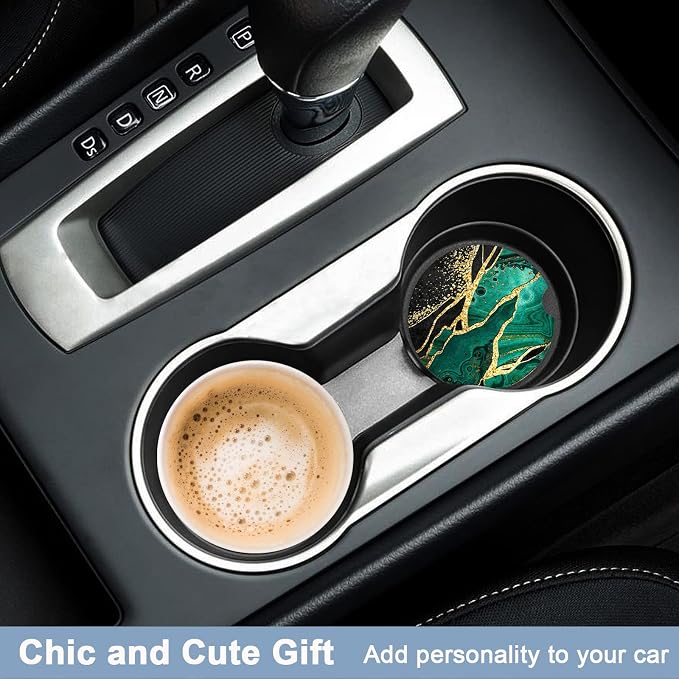 Nipichsha Car Coasters for Cup Holders, 2 Pack Absorbent Ceramic Car Cup Holder Coaster for Drinks, Cute Auto Assecories for Women, Universal Size 2.56 in with Finger Notch & Cork Base, Green Marble