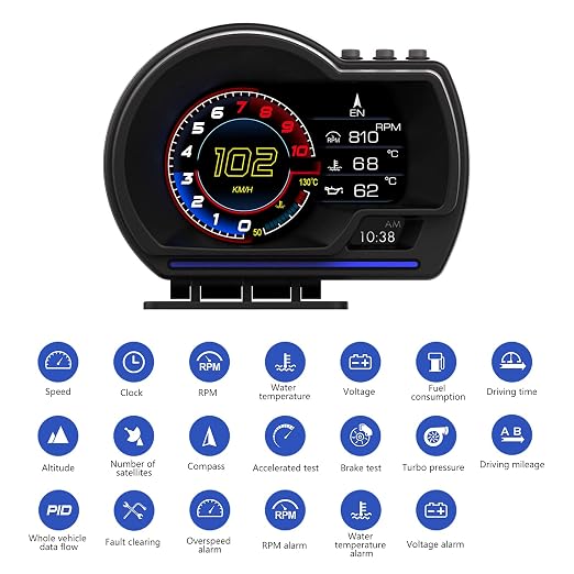 MH Head Up Display for Car, OBD2+GPS Dual System, OBD2 Gauge Display, GPS Speedometer, Tachometer, Water Temp, Volt, Overspeed Alarm Fault Diagnosis