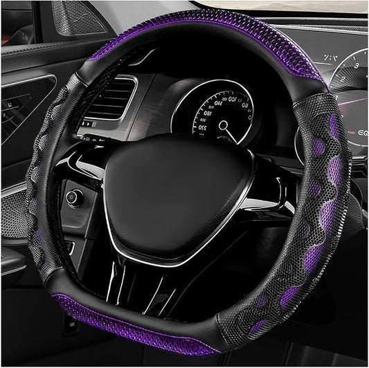 D-Shaped Steering Wheel Cover, Leather Car Wheel Protector with 3D Honeycomb Anti-Slip Design, Universal Breathable Comfy Cover Fits 14.5-15 Inch Steering Wheels, Car Accessories (Purple)