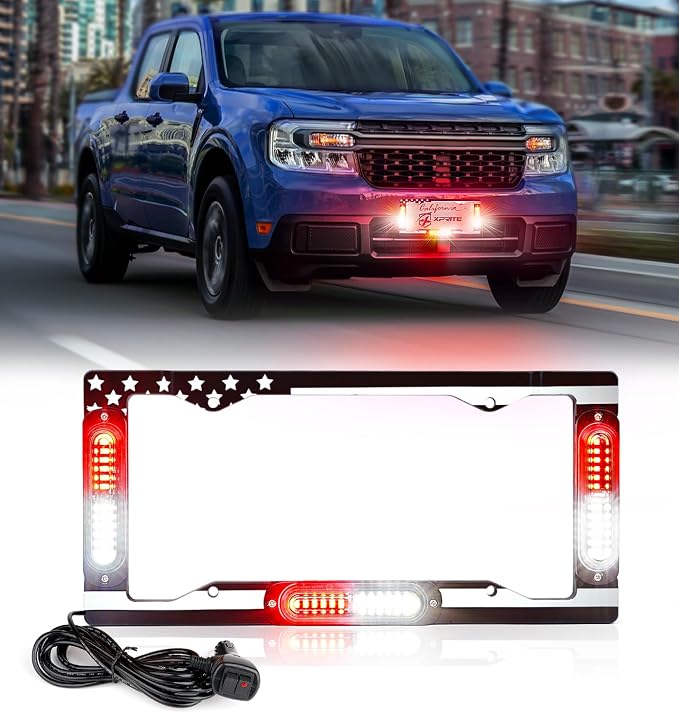 Xprite 36 LED License Plate Strobe Light, US Flag Front/Rear Utility Lights, 22 Modes Caution Frame for Construction Towing Snow Plow Pickup Work Trucks Cars - White Red (w/Pre-Installed 9FT Cable)