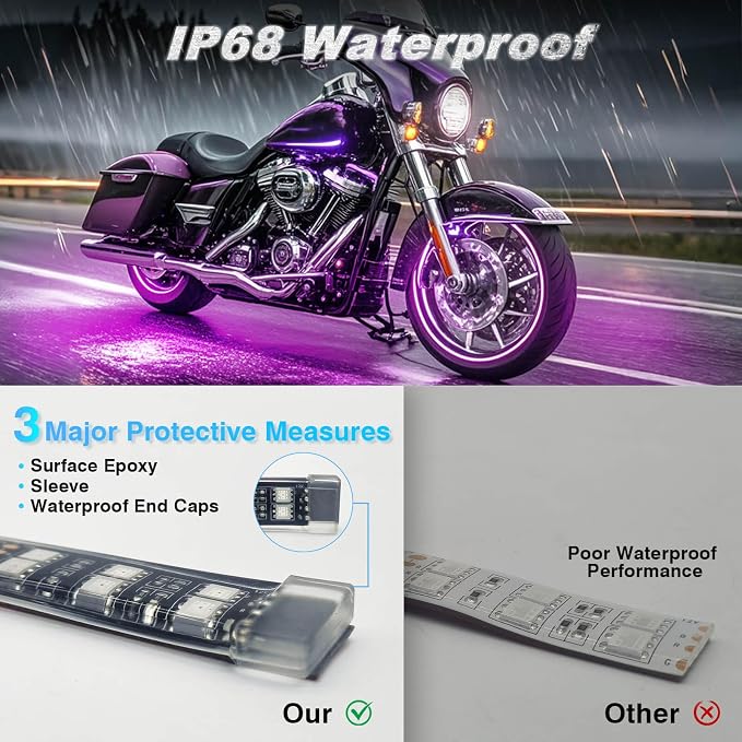 16PCS Double Row Motorcycle RGB LED Light Kits with Brake Turn Signal, Super bright Underglow Light with APP/RF Remote Dual Zone, Neon Accent Waterproof 12V for Cruiser Touring&Can-Am Ryker Motorcycle