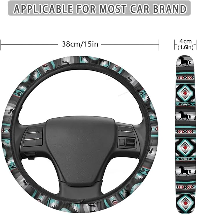 Wanyint Car Steering Wheel Cover, 15 Inch Soft Breathable Steering Wheel Protector for Women Men, Universal Fit for SUV Sedan Van Truck, Aztec Geometric Horse Gray Teal