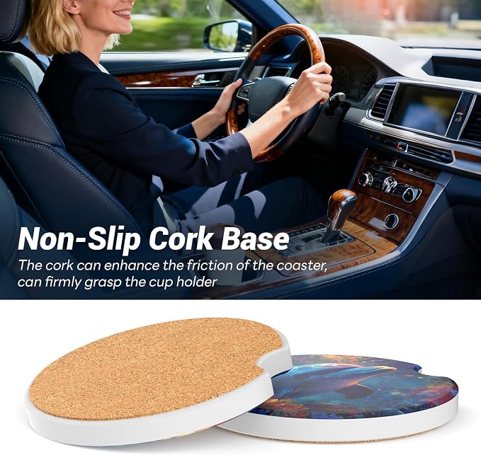 Car Cup Holder Ceramic Coasters 2 Pack, 2.56 in Anti Slip Absorbent Coaster with Cork Base and Finger Notch, Funny Cute Car Accessories Interior for Women, Killer Whale