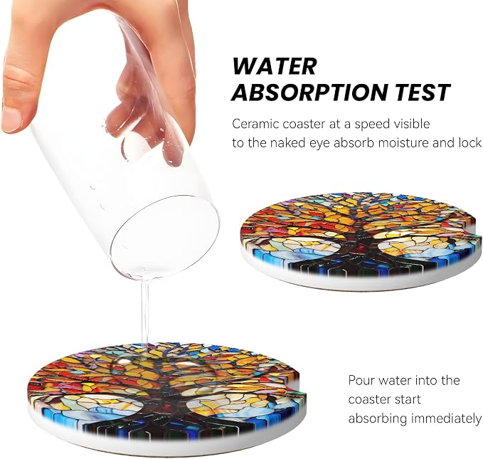 Tree of Life Art Car Cup Holder Coasters 2 Pack 2.63" for Women | Glass Universal Anti Slip Ceramic Absorbent Coaster with Cork Base and Finger Notch Cute Car Accessories Interior