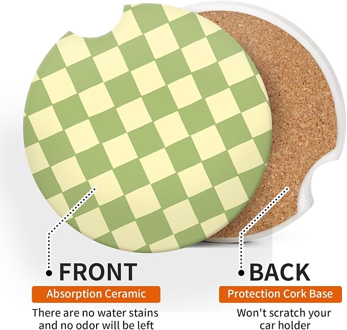 Beige Green Checkerd Car Coasters for Cup Holder Absorbent Ceramic Cup Coaster 2 Pack Anti Slip Car Interior Accessories with Finger Notch Cork Base for Women Men 2.56"