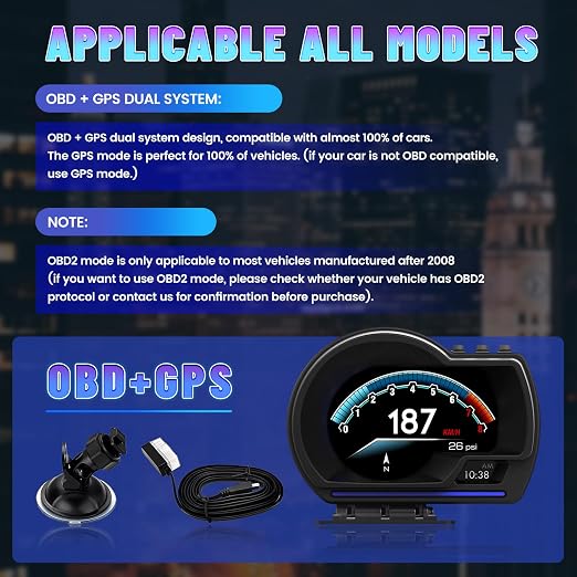 OBD2 GPS Dual System Car HUD Display - Digital Speedometer with Water Temp Voltage RPM - Universal Heads Up Display for Most Vehicles