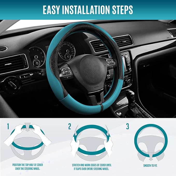 PIC AUTO Steering Wheel Cover, Black Patterned & Blue Leather Patchwork Design, Universal Fit 14.5"–15.5", Anti-Slip, Odor-Free, Soft PU Grain Leather, Durable Grip Car Accessory for Girls & Women