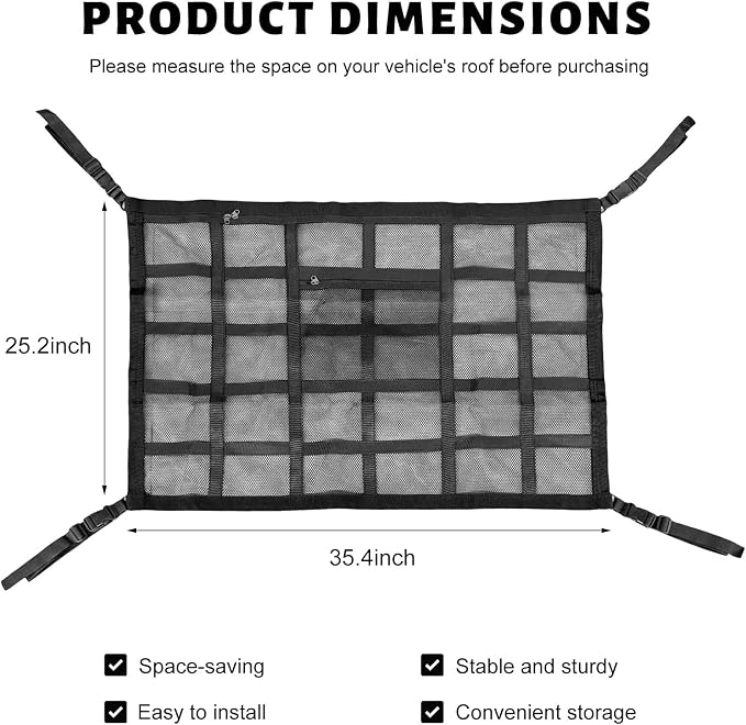 Car Ceiling Cargo Net Pocket, 35.4×25.2 Inch Double-Layer Car Roof Mesh Storage Organizer, Strengthen Load Bearing Overhead Cargo Storage Net for 4-Handle Vehicles