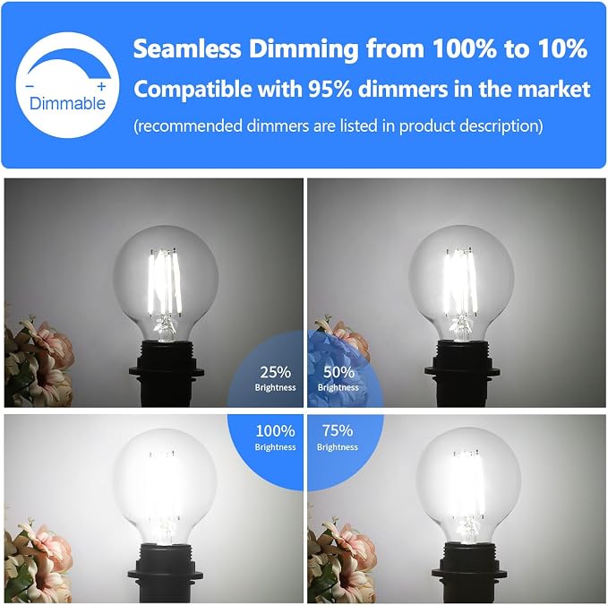 G25 LED Globe Light Bulbs, Dimmable Edison Filament Vanity Light Bulbs, 8W 100W Equivalent, 1200 Lumens Bright, 5000K Daylight White, E26 Medium Base Clear Glass for Bathroom Vanity Mirror, 4 Pack