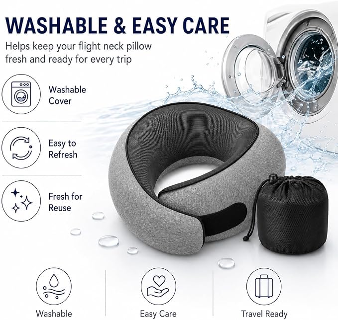 Travel Pillow for Airplane, Memory Foam Neck Pillow for Travel with Chin Support, Washable Cover & Storage Bag, Ergonomic 360° Neck Support for Long Flights, Car, Office, Home, Max Grey