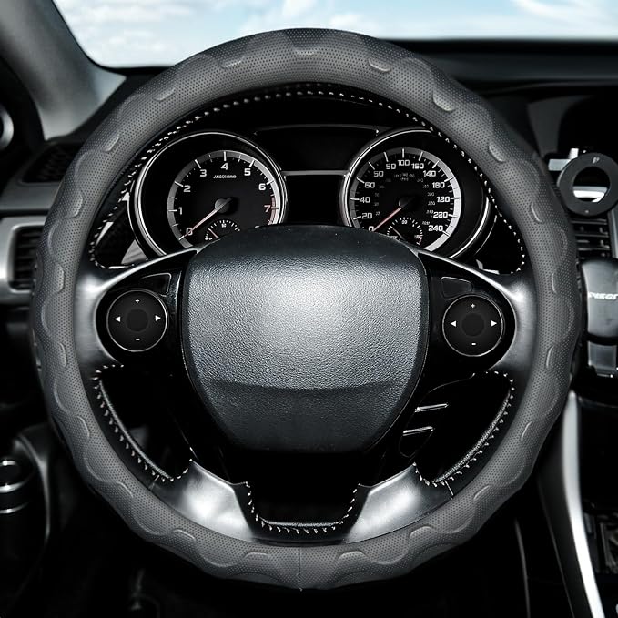 Steering Wheel Cover with Anti-Slip Leather Grip Compatible with Ford, Toyota, Honda, Nissan, and Chevrolet Vehicles for 14.5-15.35 inch Round Steering Wheels Universal Car Accessories