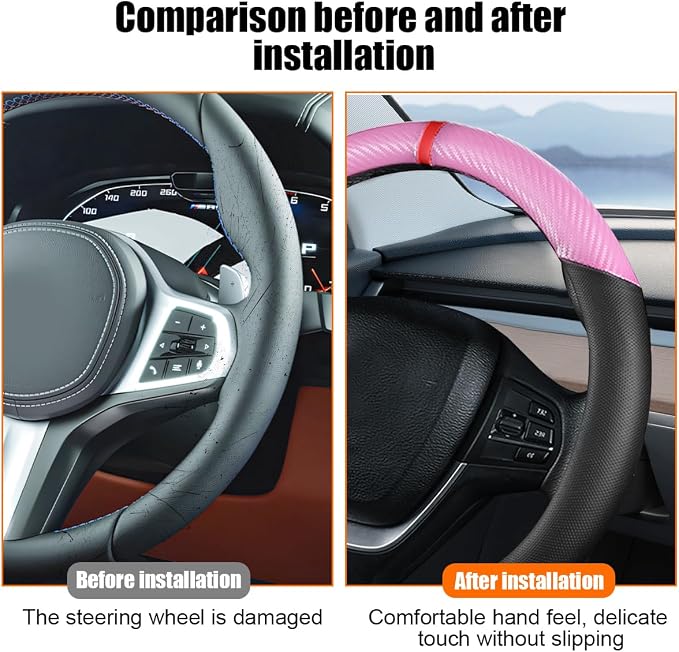 Carbon Fiber Car Steering Wheel Cover, Leather Breathable Automotive Wheel Protector, 15 Inch Anti-Slip Vehicle Interior Steering Accessories, Universal for SUV Truck Sedan (Pink)