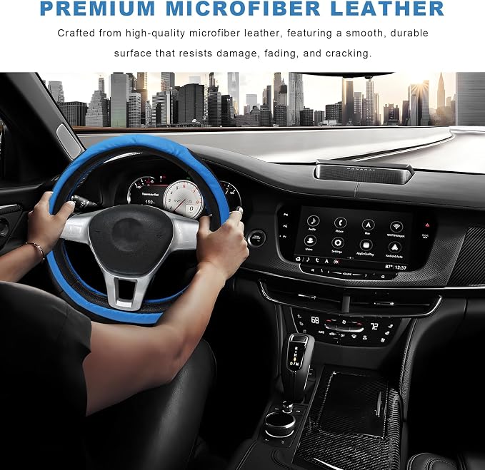 Sun Walker Steering Wheel Cover, Breathable Leather Steering Wheel Covers with Perforated Sides, Anti-Slip Comfortable Grip Auto Sleeve for 14.5-15 Inch Wheels, Car Accessories (Blue)