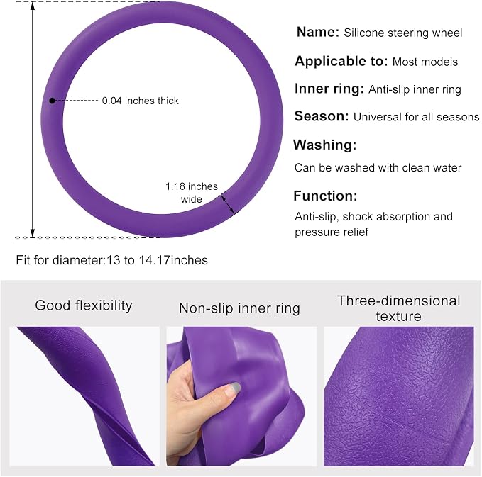 DXNQ Car Steering Wheel Cover, 13 to 14.17 inches Anti-Slip Silicone Steering Wheel Protector, Soft Flexible Shock-Absorbent Steering Wheel Protective Cover for Most Car Models (Purple)