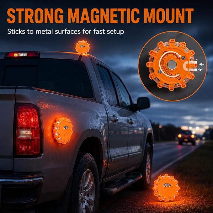 HYUWMXPY 6 Pack LED Road Flares, Emergency Warning Lights with 9 Flash Modes, Magnetic Base and Hook, Waterproof Crush-Resistant Safety Beacons for Car Truck Boat, Batteries Not Included