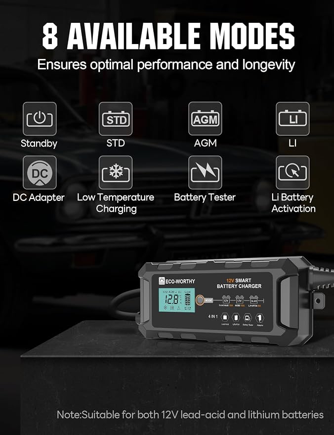 ECO-WORTHY 10A LiFePO4 Battery Charger 12V, Smart Lithium Battery Charger & Maintainer, Trickle Charger and Desulfator for Lead Acid, RV, Car, Motorcycle, Marine, Boat