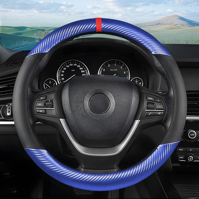 Osilly Car Steering Wheel Cover, 15 inch Anti-Slip Steering Wheel Protector, Carbon Fiber & Microfiber PU Leather Steering Wheel Cover for Women and Men, Universal Fit for Most Vehicles (Blue)