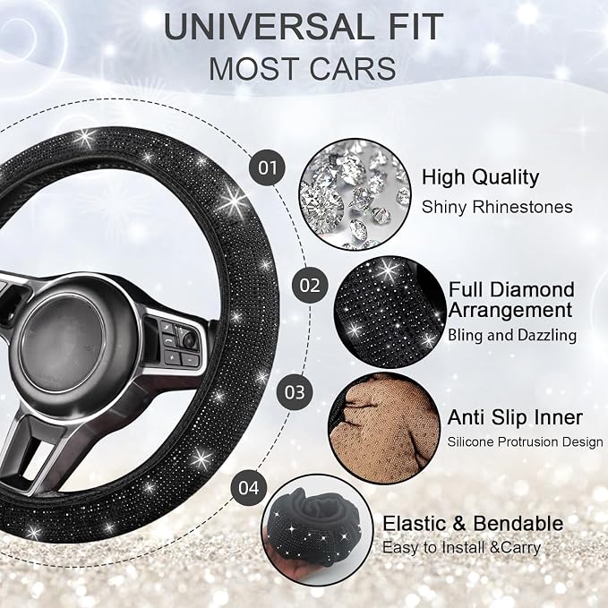 NBTEPEM 8 pcs Bling Car Accessories Set for Women, Steering Wheel Cover, Sparkly Seat Belt Covers, Bling Gear Shift Cover, Universal Fit Most Cars (Black Diamond)