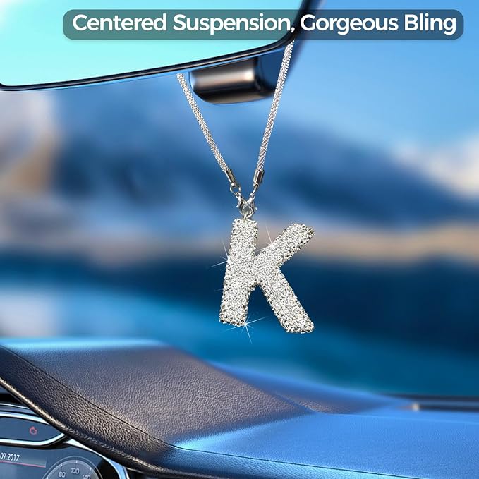 Bling Car Accessories for Women, Letter Charm Rear View Mirror Ornament Cute Hanging Crystal Pendant Girly Car Decorations, Lucky Diamond Rhinestone Car Charm Interior (White K)