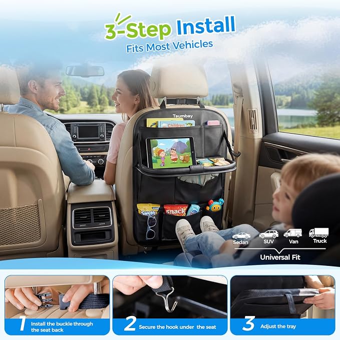 Tsumbay Car Backseat Organizer with Tablet Holder,9 Storage Pockets Foldable Table Tray Seat Back Protectors Kick Mats -PU Leather 1Pck