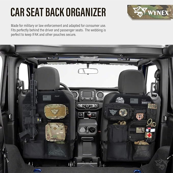 WYNEX Molle Seat Back Car Organizer Fit Most Car F150 Jeeps Pickups Trucks | 26.4x16.1" Backseat Storage Cover, Truck Seat Back Protector, Sling Rack, Visual Pocket & Wolf Patch for Road Trips