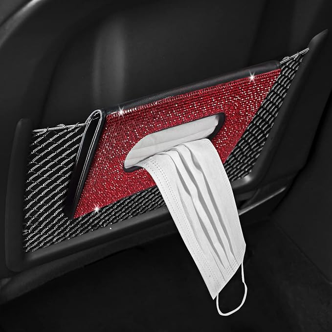【2026 Upgraded】 Bling Car Sun Visor Tissue Box with Refills Paper Towels, PU Leather Backseat Mask Case,Crystal Sparkling Napkin Holder, Handmade Decoration Accessories for Women,Girls,Ladies as Gift