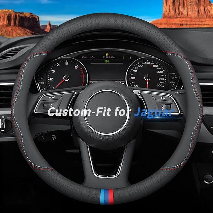 Deer Route Custom-Fit for Jaguar Steering Wheel Cover, Premium Leather Car Steering Wheel Cover with Logo, Non-Slip, Breathable, for