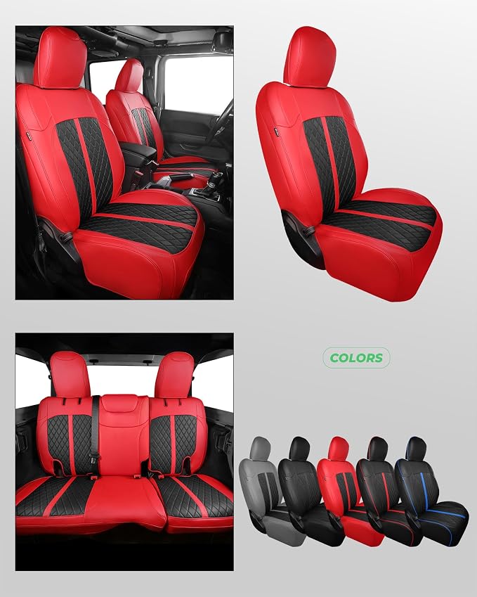 for Jeep Wrangler Seat Covers 4Door JL 2018 2019 2020 2021 2022 2023 2024 2025 2026, Custom Fit Car Seat Cover Full Set, Luxury Waterproof Leather Protectors, Red Black, W/O Rear Cup Holder