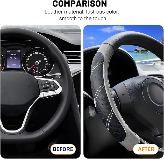 Zpana Car Steering Wheel Cover, 15 Inch Carbon Fiber Leather Non-Slip Steering Wheel Protector with Lining, Breathable Automotive Interior Accessories, Universal for SUV RV Truck (Gray)