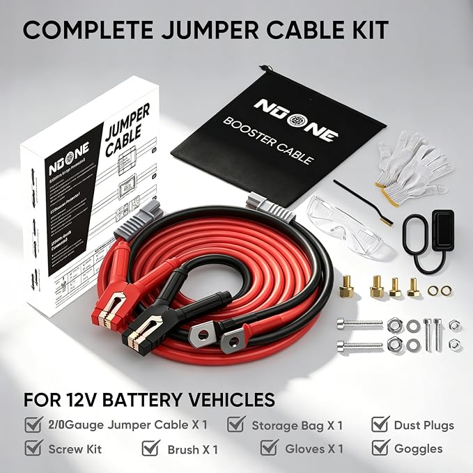 NOONE 2/0 Gauge 30 FT Heavy Duty Jumper Cables - 1500Amp Quick Connect Automotive Booster Jumper Cables for Car, SUV and Truck Battery - Jumper Cables Kit with Gloves, Goggles, Brushes in Carry Bag