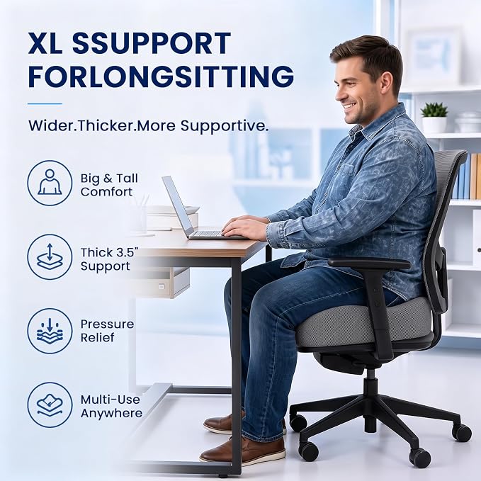 CJACSOC Seat Cushion, Extra Large Memory Foam Cushion for Office Chair Cushions, Ergonomic Cushions Pad Pillow for Pressure Relief Sciatica & Pain Relief for Long Sitting, Grey