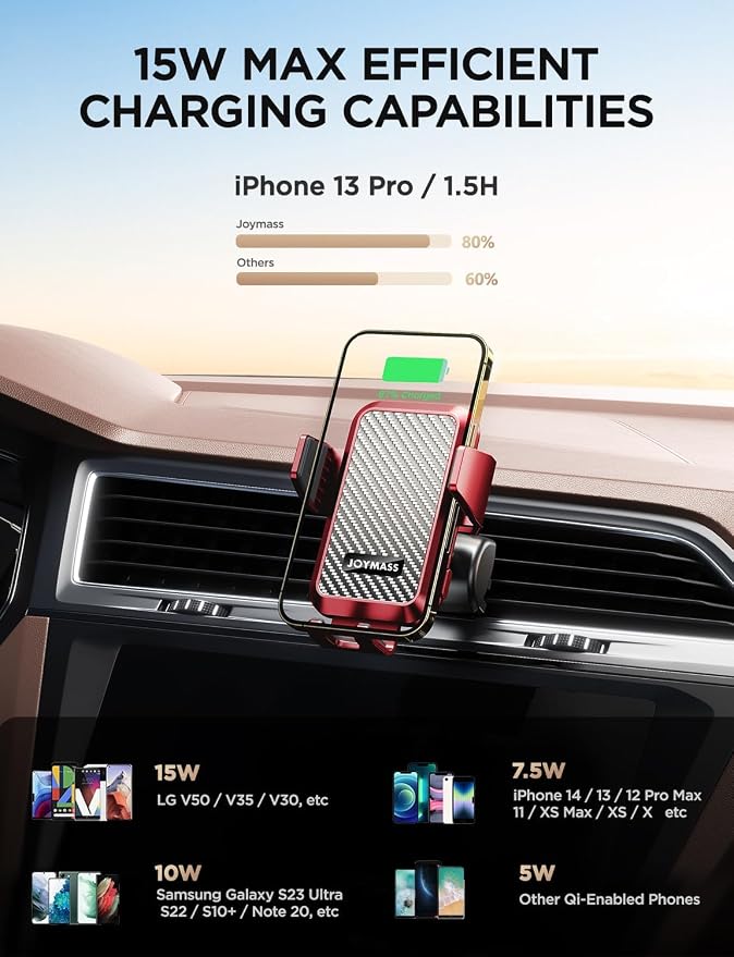 JOYMASS Wireless Car Charger, 15W Fast Charging Auto Clamping Car Charger Cell Phone Holder Mount Vent for iPhone 15 14 13 12 Mini Pro Max 11 XR, Samsung Galaxy S23 Ultra S22 S21+ Note 20, etc - Red