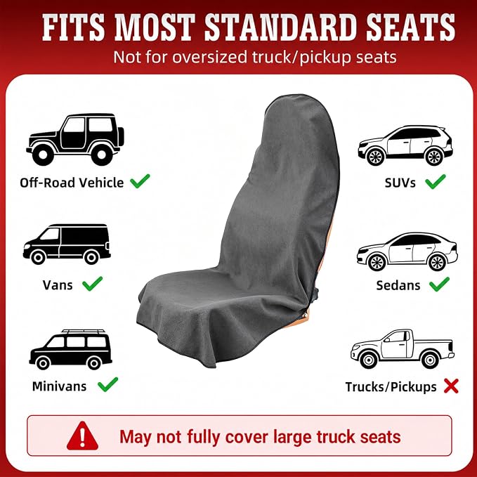 550g Heavy Duty Towel Car Seat Cover, Waterproof Sweat Protector for Post-Gym & Beach, Non-Slip Microfiber Bucket Seat Mat for Sedans SUV Minivans, Machine Washable (Gray, 1-Pack)