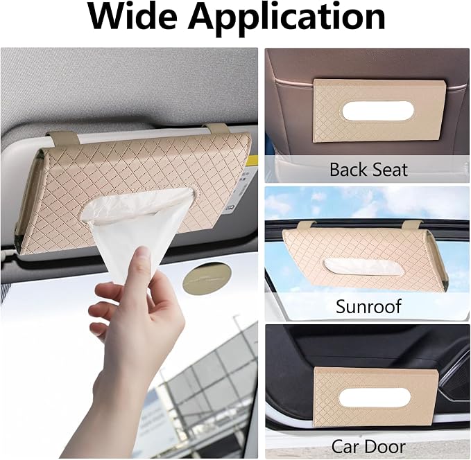 Wuyaoyao Car Tissue Holder, Auto Sun Visor Napkin Holder Mask Holder, Premium PU Leather Car Tissue Holder Visor Tissue Dispenser, Universal Sun Visor Tissue Box for Most Vehicle (Plaid-Beige)