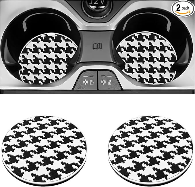 2 PCS Car Cup Coasters, 2.76 Inch Shockproof Auto Cup Holder Insert Coaster Checkered Drink Mat, Anti-Slip Waterproof Water Bottle Pad Stylish Grid Decoration for Most Vehicles (Houndstooth)