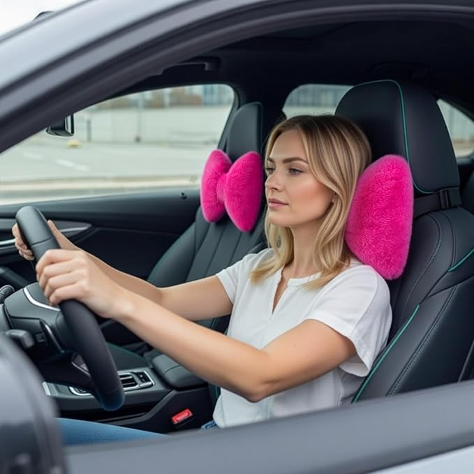 Macarrie 2 Pcs Rose Red Car Neck Pillow Imitation Rabbit Fur Bow Pillow | Soft Comfortable Seat Headrest Support, Cute Bow Car Accessories, Driving Travel Driver Chair Girl Interior Decor, Solid