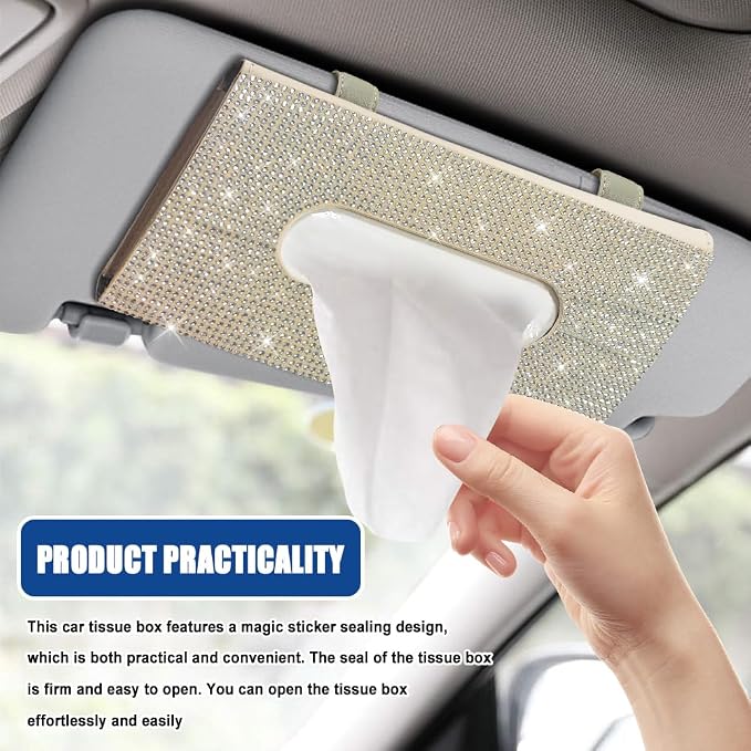 Bling Car Sun Visor Tissue Box Holder, Visor Accessories, Rhinestone PU Leather Crystal Sparkling Napkin Holder, Auto Sun Visor Paper Towel Cover Case Accessories for Most Cars (Beige+White)