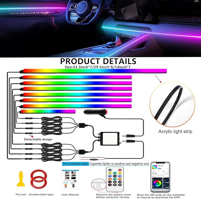 Interior Car LED Strip Lights, Acrylic LED Lights for Car with Dynamic Dreamcolor Chasing,RGB+IC 8 in 1 235 inches 800 LEDs Ambient Lighting Kits Music Sync Wireless APP and Remote Control