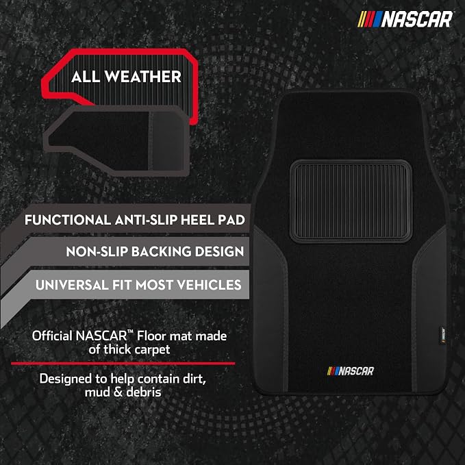NASCAR Car Floor Mats, Carpet & Black Leather Design Car Mats, Universal-Fit All-Weather Car Floor Mats with Built-in Heel Pad & Anti-Slip Backing, Durable Odorless Automotive Interior Accessories