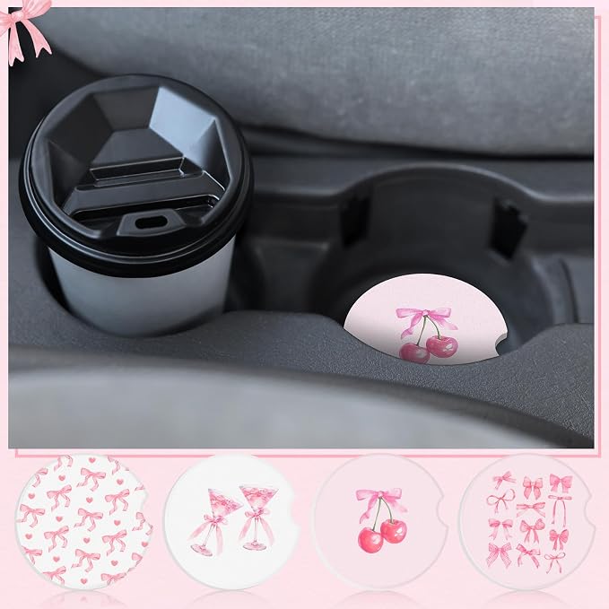 Boao 4 Pcs Car Cupholder Coasters for Valentine's Day, Ceramic Coasters 2.56'' Anti Slip Base with Finger Notch for Dry Clean, Car Interior Accessories, Birthday Gifts(Pink Bow)