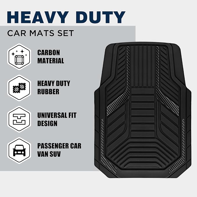 PIC AUTO Heavy Duty Rubber Floor Mats, Black Aluminum Film Car Mats Set, Front and Rear Car Mats with Anti-Slip Backing, All Weather Protection, Trim-to-Fit for Automotive SUV, Sedan, Van