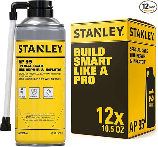 STANLEY AP95 Tire Repair & Inflator – (12x10 oz.) Flat Tire Sealant Spray Kit for Car, Bike, Motorcycle – Seals & Inflates Tubeless Tires – No Jack Needed – Emergency Tire Fix – Rim Safe | 12 Pack