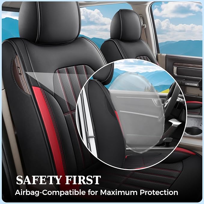 Truckiipa Seat Covers for Truck Full Set, Dodge Ram Seat Covers Full Coverage Leather Protector Pickup Truck Accessories, Custom Fit for 2002-2018 Ram 1500,2002-2026 Ram 2500 3500 Crew Mega Cab, Red