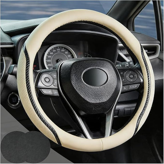 Beige Steering Wheel Cover with Coasters Leather Universal 15 inch | Carbon Fiber Car Steering Wheel Covers Microfiber Breathable Anti-Slip Durable Steering Wheel Accessories Set