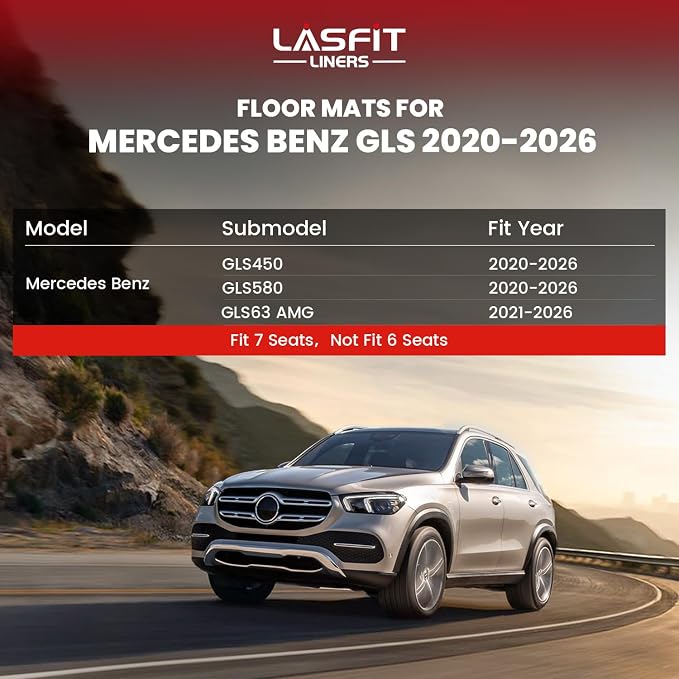 LASFIT Floor Mats & Cargo Mat with Seatback for Mercedes Benz GLS 2020-2026 450/580/ 63 AMG (Fit 7 Seats Without Rear Seat Package), All Weather TPE Custom Fit GLS, 3 Rows & Trunk Mat with Backrest