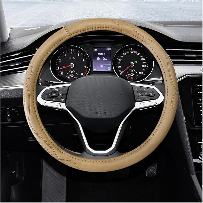 15 Inch Leather Steering Wheel Cover, Breathable Anti-Slip Steering Wheel Protector Cover, Elastic Soft Comfortable Universal Wheel Cover for Men and Women, Car Accessories (Beige)