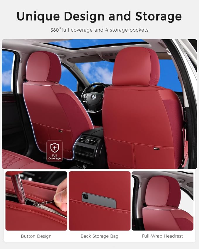 Huidasource Red Front Seat Cover, Nappa Leather Front Car Seat Cover, Side Elastic Fabric, Compatible with Airbags, Seat Belts, Universal Fit for Most Cars, Vans, Trucks, SUVs (Front Pair/Red)