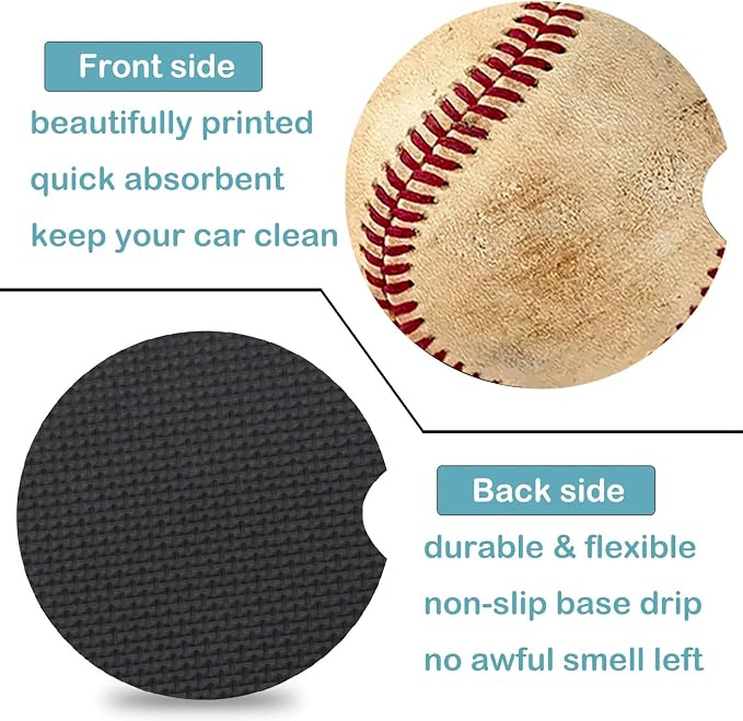 2 Pack Baseball Car Cup Holder Coasters Universal Neoprene Coasters | 2.75" Universal Size Anti Slip Rubber Mat,Auto Cup Holder Decor Accessories for SUV Truck, Baseball Gifts for Women Men Mom